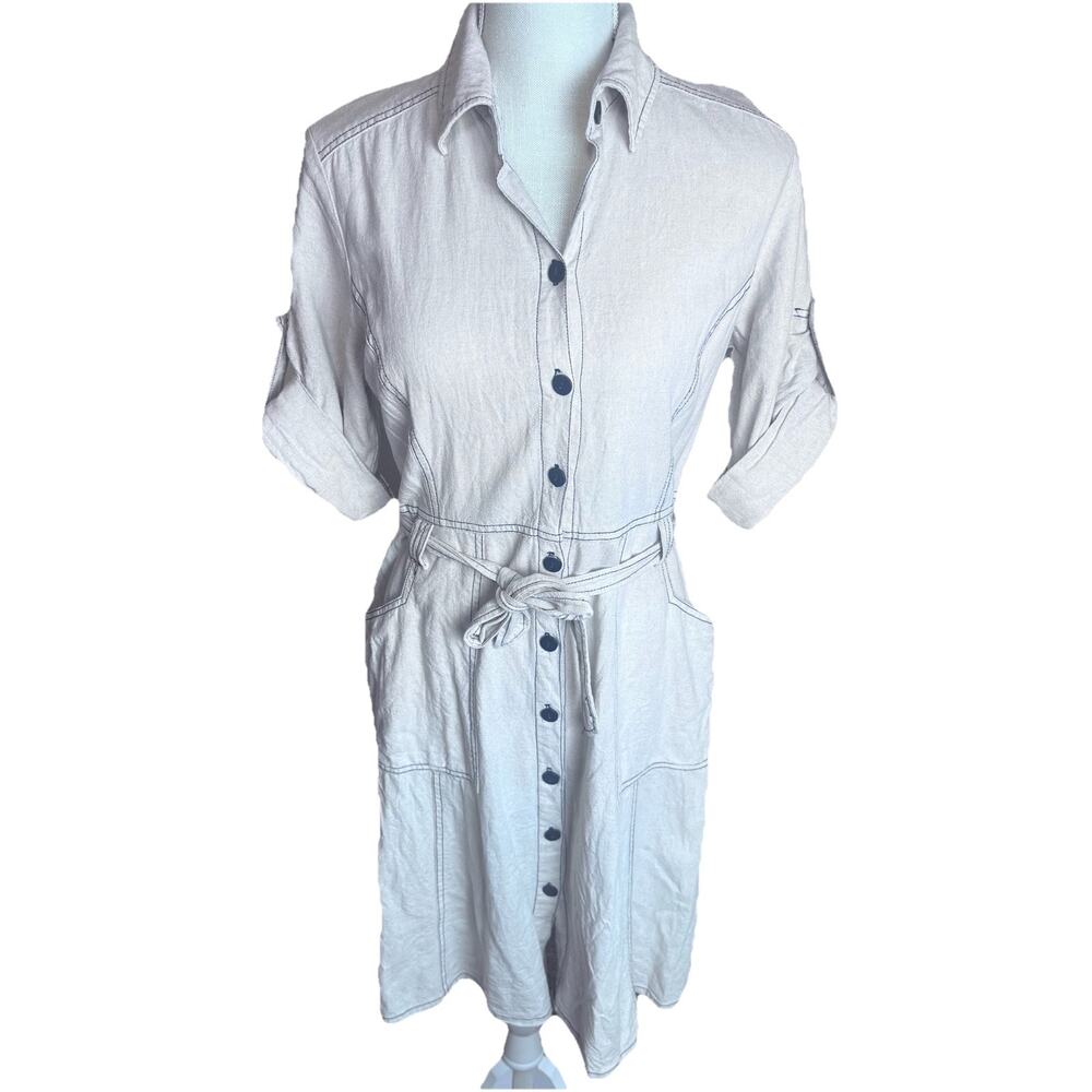 Ambiance Apparel Tan Linen Blend Shirt Dress sz S belted safari utility‎